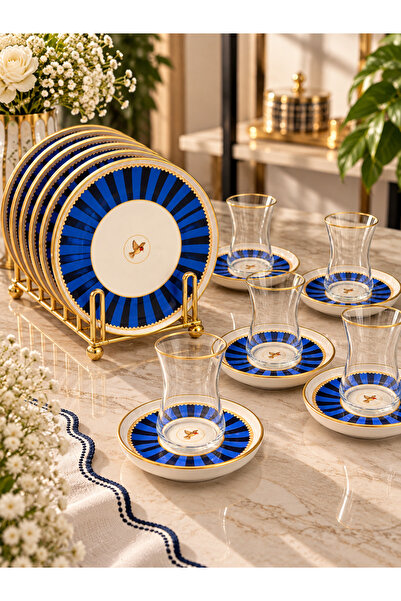 Onedekor 18 Parça Modern Piano Blue Bird Pasta Çay Saati Seti