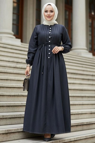 N.S NEVA STYLE Buttoned Black Hijab Denim Dress 19175S
