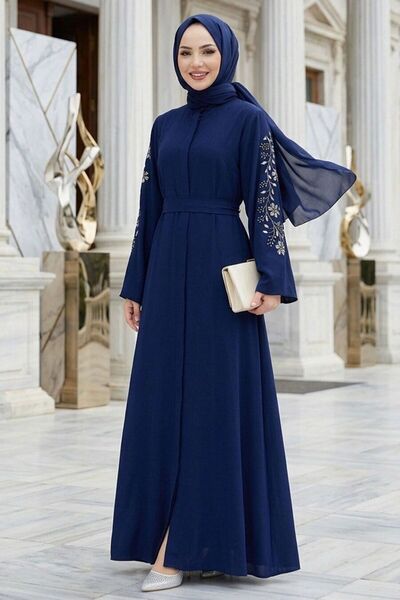 Neva Style Kolları Nakış İşlemeli Lacivert Tesettür Abaya Elbise 60013L