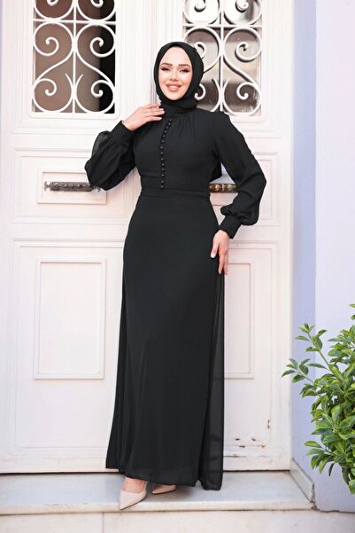 Neva Style Button Detailed Black Hijab Dress 2703S