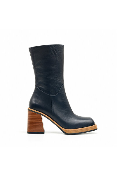 Folle Navy Blue Genuine Leather Thick Heeled Square Toe Women's Boots – 8 cm ...