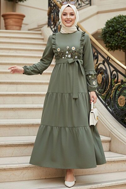 N.S NEVA STYLE Patterned Green Hijab Dress 10327Cy