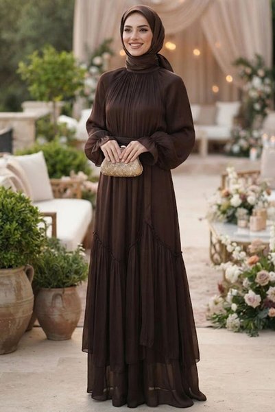 N.S NEVA STYLE Sparkling Belted Brown Hijab Evening Dress 4956Kh