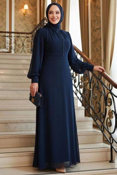 Neva Style Düğme Detaylı Lacivert Tesettür Elbise 2703L