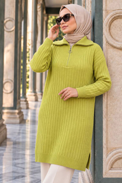 N.S NEVA STYLE Corded Fabric Light Yellow Hijab Knitwear Sweater Tunic 85521Asr