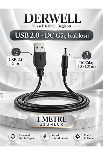 Derwell USB to DC 3.5x1.35mm 5V Güç Şarj Kablosu 1 Metre Modem Router Fan Min...