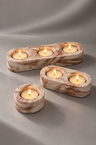7Light Atelier 3'lü Dekoratif Tealight Mum Seti | Kahverengi Mermer Desenli M...