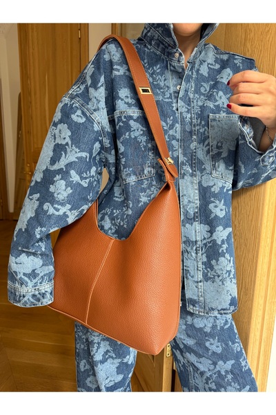 Tina İstanbul Leather Tote Shoulder Bag with Adjustable Lock Strap and Puppy