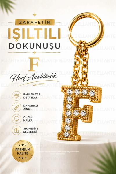 ellante Kişiye Özel Harf Anahtarlık Altın Renk Zirkon Taşlı Şık Çanta Süsü An...