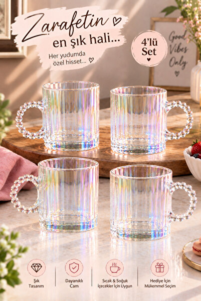 Hopeland Ringo Line Luster 4'lü Cam Kupa Seti 325 Ml Boncuklu Kulp Çay Kahve ...