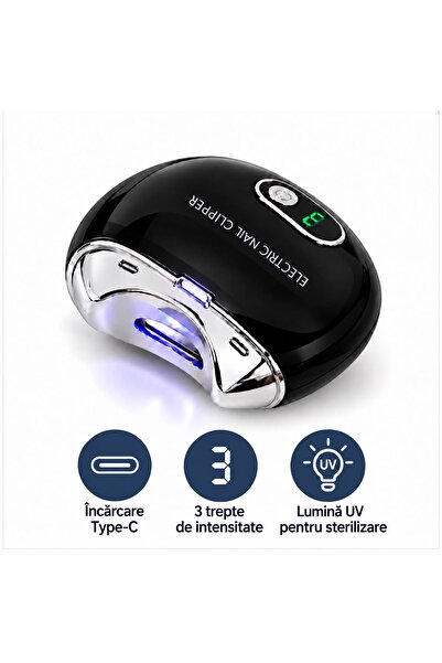 Adsinio Unghiera electrica profesională, Adsinio, sterilizare UV, portabilă, USB-C, 3 setări de viteză. Neagră