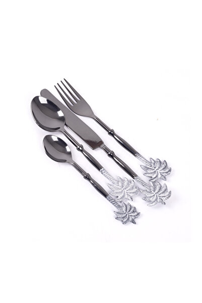 Blends Cutlery Set of 4 pcs Black with Silver flower Handles from Retila