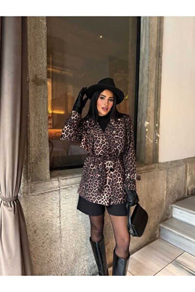 1Moda1Tarz İthal Kaşe Kumaş Leopar Desen Kuşaklı Kemer Ve Fermuar Detay Astar...