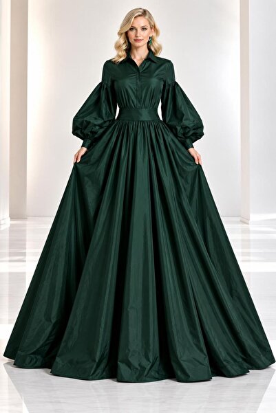 SERAVENZA COUTURE Maxi Boy Balon Kollu Şık Tafta Davet Elbisesi COU-87