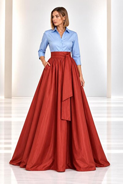 SERAVENZA COUTURE Maxi Boy Çift Renkli Beli Seyyar Kuşaklı Şık Gömlek Elbise ...