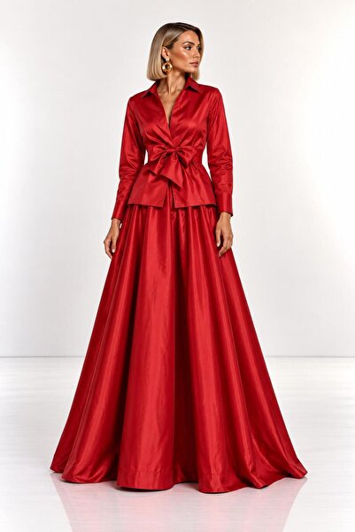 SERAVENZA COUTURE Uzun Kollu Seyyar Kuşaklı Kruvaze Gömlek &Maxi Boy Etek Alt...