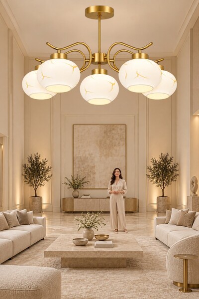 ESSLİGHT Bianca 5’li Eskitme Plafonyer Mermer Desen Camlı Avize Salon Mutfak ...