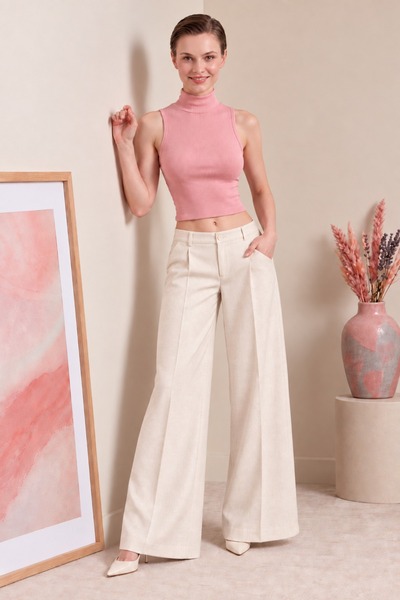 Schwalbex Pembe Balıkçı Yaka Fitted/Vücuda Oturan Crop Fitilli Esnek Örme Atl...