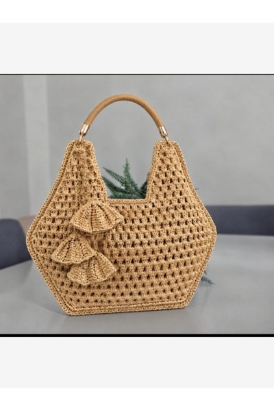 MEGAHAN BOUTIQUE Megahan, kağıt ip el örgü omuz çantası, kadın, çanta