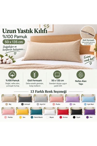 Pratic 1 Adet 50x135 cm %100 Pamuklu Kumaş Fermuarlı Uzun Yastık Kılıfı