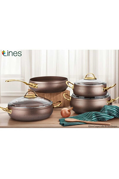 Lines Yonca 7 Parça Granit Güveç Tencere Seti | Altın Metal Kulplu Yapışmaz Ç...