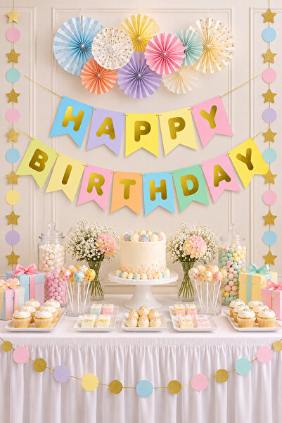 Parti dolabı Makaron Hologram Happy Birthday Banner Text Colorful Birthday De...