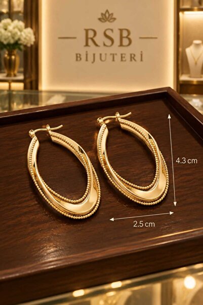 Küpe Çift Katmanlı İtalyan Model Oval Halka Altın Renk Kaplama + Hediye Paket
