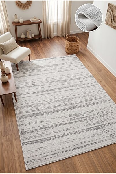 Santa Clara Gri Krem Tozumaz Çizgili Halı Modern Salon Oturma Odası Yolluk An...