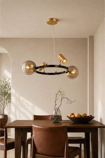 Elvora Home Modern (PREMİUM) Gold Siyah Halkalı Avize 2xE14 + 2xGU10 Füme Cam...