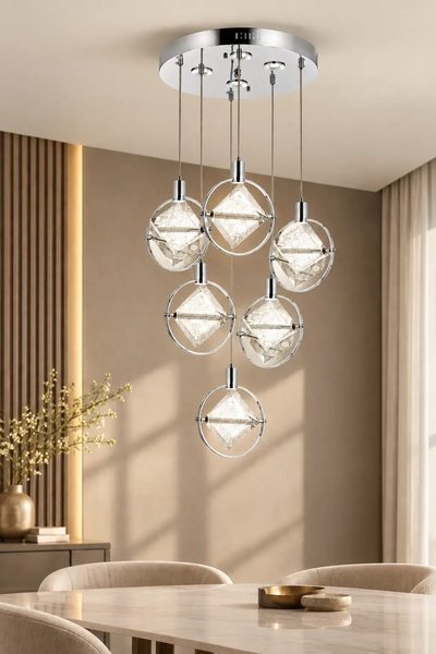 Elvora Home Modern (PREMİUM) Krom 6'lı Sarkıt Avizesi LEDli Cam 27W Beyaz Işı...