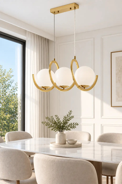 Elvora Home Modern (PREMİUM) Gold 3'lü Sarkıt Avizesi Ampül Hediyeli Küreli L...