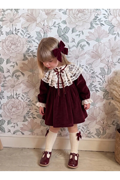 Momercy Madalyon Detaylı Dantel Yakalı Kız Bebek Bordo Kadife Vintage Elbise