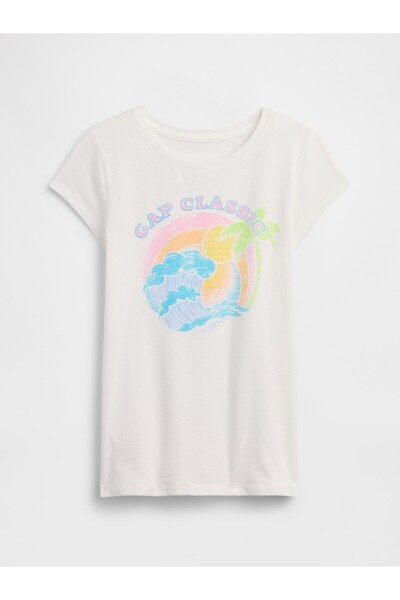 GAP Kız Çocuk Kırık Beyaz Grafik Baskılı T-Shirt