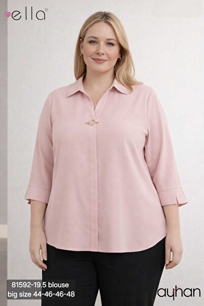 AYHAN 81592 Large Size Crepe Blouse with Three Quarter Sleeve Brooch
