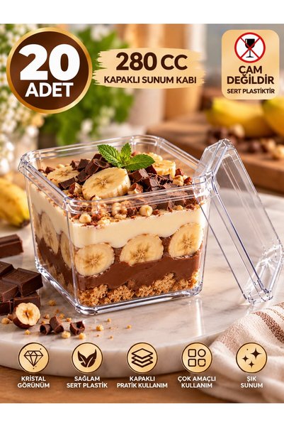 troykar 20 adet 280 cc tiramusu cup Kare Kristal Tatlı Dondurma Puding Lokuml...