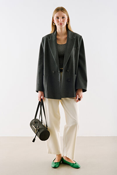 Manuka Belted Double-Breasted Pocketed Blazer Jacket Anthracite