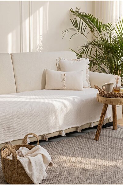 Lux Touch Liva Ponponlu Ekru Koltuk Örtüsü 115 x 200 cm Kanepe Divan Çekyat B...