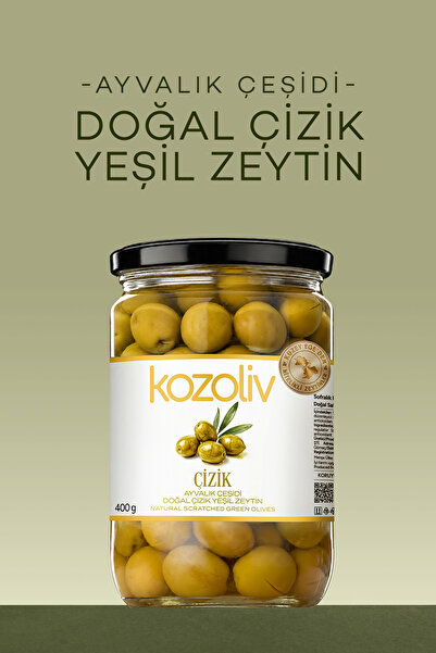 kozoliv Doğal Ayvalık Çeşidi Çizik Yeşil Zeytin 400 gr Cam Kavanoz