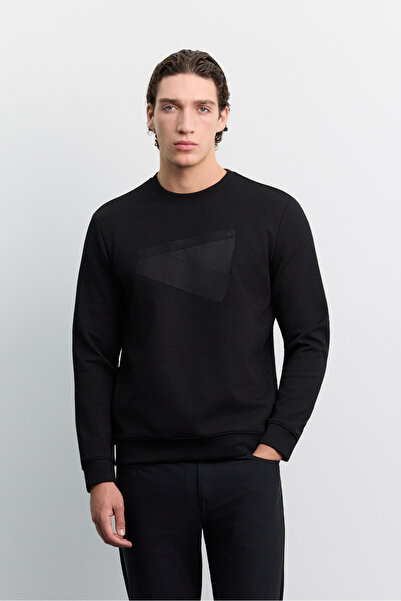 Avva Erkek Siyah Bisiklet Yaka Baskılı İnterlok Regular Fit Sweatshirt A62Y1284