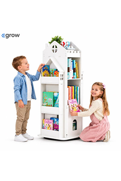 eGROW Biblioteca rotativa pentru carti eGROW®, 8 polite, model castel, lemn/P...