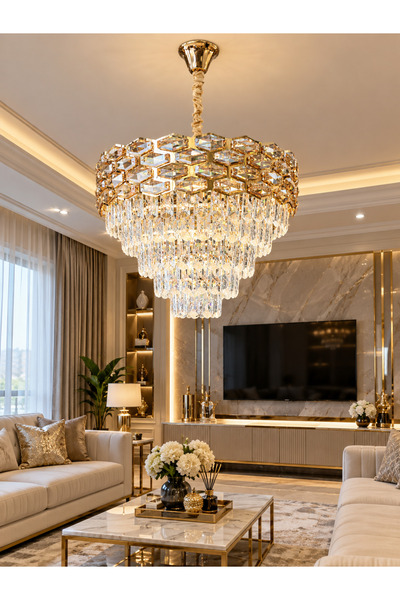 YENİ MODEL 50 CM KRİSTAL LÜX SALON AVİZE GOLD RENK İTHAL KASA