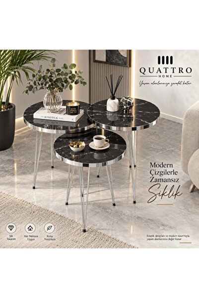 QUATTRO HOME Gümüş Tel Ayaklı Mermer Desenli Siyah 3'lü Zigon Sehpa Takımı