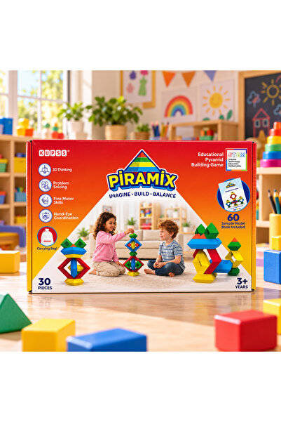 KÜPSS PİRAMİX Eğitici Piramit Yapı Blokları, 30 Parça, Montessori 3D Renkli S...