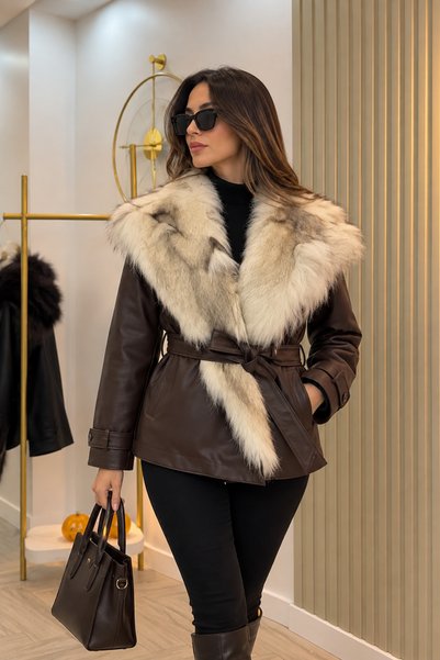 DERİSTA Isabella Kuzu Deri Kürk Detaylı Kadın Ceket – Kahverengi