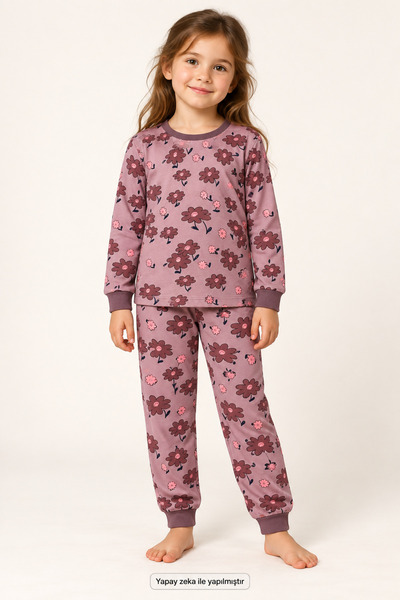 Koçak Kids Pijama pentru fete din bumbac, mov, roz, cu flori și talie elastică