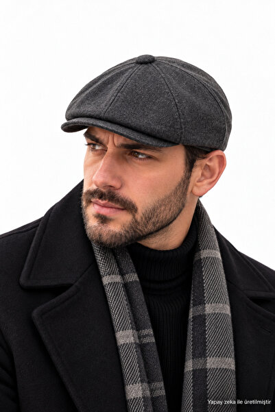 ZERAMİNE Erkek Kaşe Kasket Füme 8 Parça Kışlık İngiliz Model Newsboy Şapka Kep
