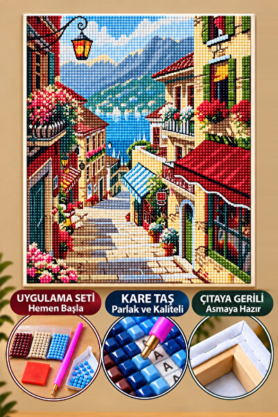 5D Elmas Boyama Seti – Taş Sokak ve Deniz Manzarası | 40x50 cm- Tuvale Gerili Diamond Painting