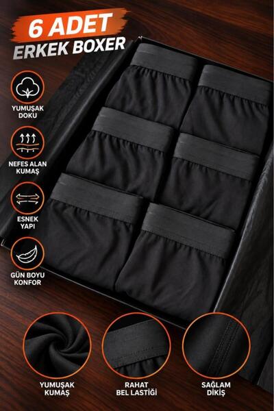 TRENDYBEE Erkek Boxer Siyah 6'lı Paket PAMUK Penye Kumaş Özel Kutulu Battal B...