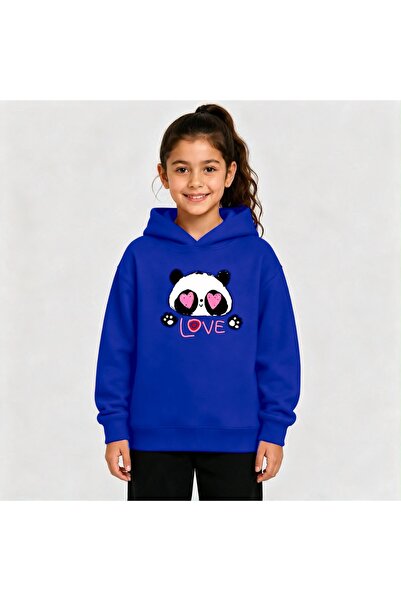 Birdirbir Kız Çocuk Kalpli Panda Baskılı Kapşonlu Sweatshirt