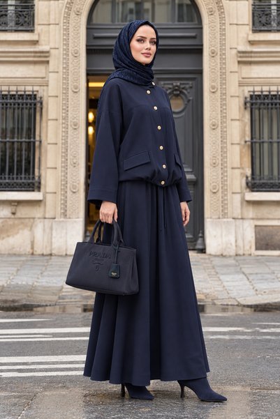 Aselim Hijap Moda Aurelia Gold Tensel Set - Skirted Suit - Navy Blue
